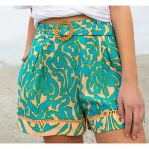 Anna Cate Lizzie Short Teal Peach Block Print Belted Cotton Summer Women's Small